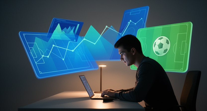 a developer working on a laptop, with charts and graphs of historical data trends floating around them