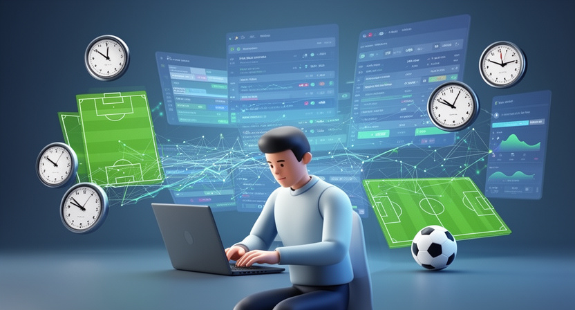 developer working on code, multiple clocks on screen, football data flowing through a network graph
