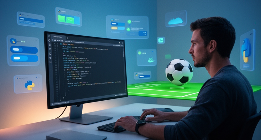 code editor showing Python script, with a terminal output of football events