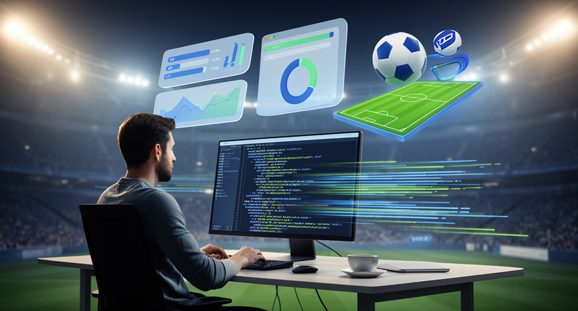 developer working at desk, code editor showing JSON schema, subtle football stadium background