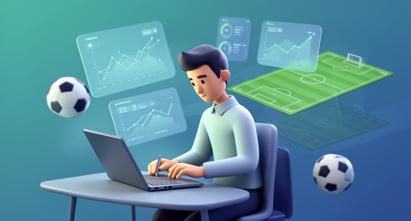 developer at laptop, floating abstract charts, subtle football ball shape
