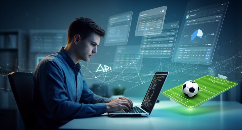 code editor with Python script, abstract football data visualization, network connection lines