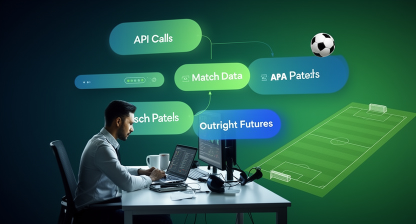 a network of API calls, with distinct paths for match data and outright data, highlighting integration challenges