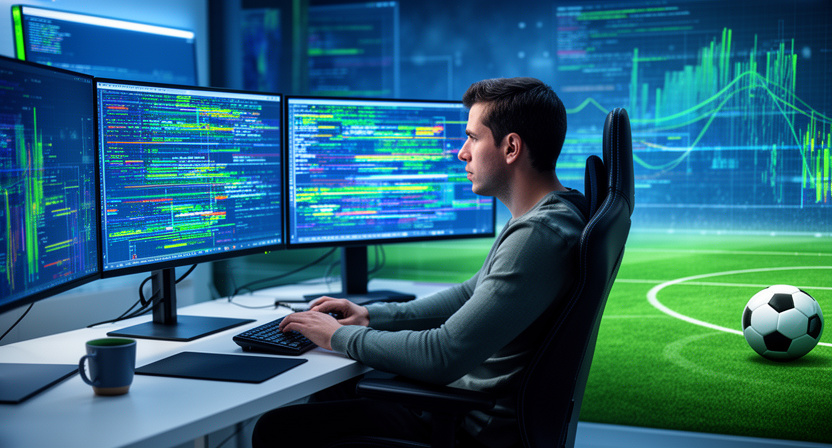developer working on code with multiple screens, showing data streams and charts, focused and productive