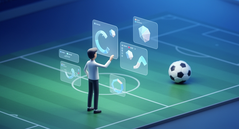 conceptual football pitch with data points highlighting player actions, abstract connections between different betting outcomes