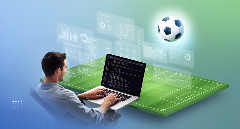 developer working on a laptop, surrounded by abstract data visualisations and charts, representing risk-free testing