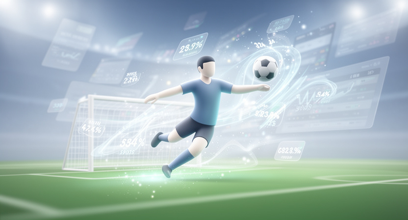 Abstract visualisation of football player taking a shot, data points radiating, representing total shots market