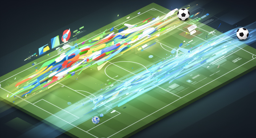 Abstract data visualization showing two distinct data streams, one representing overall match statistics and the other individual team statistics, with a football field in the background.
