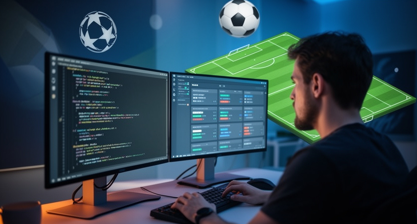 a developer's screen showing code for risk calculation and API calls, with abstract data flows and a subtle football icon