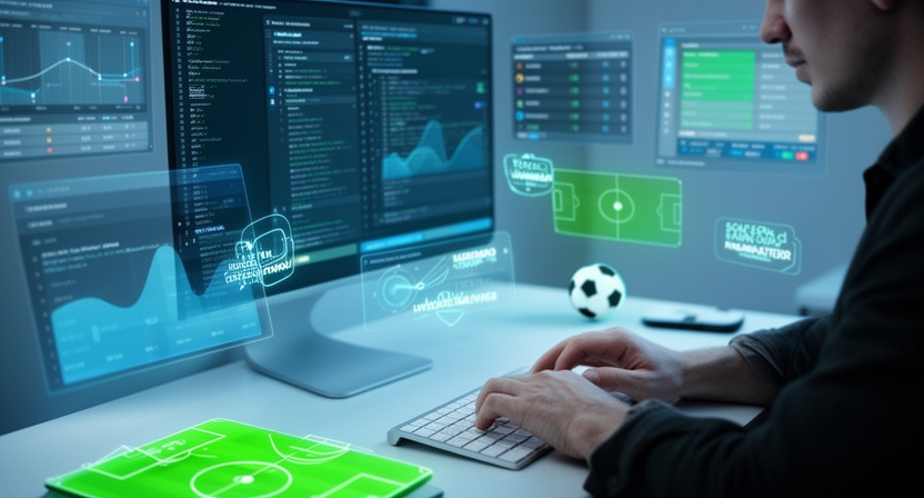 A developer's hands typing on a keyboard, with lines of code and football-related data flowing across multiple screens, representing efficient API integration.